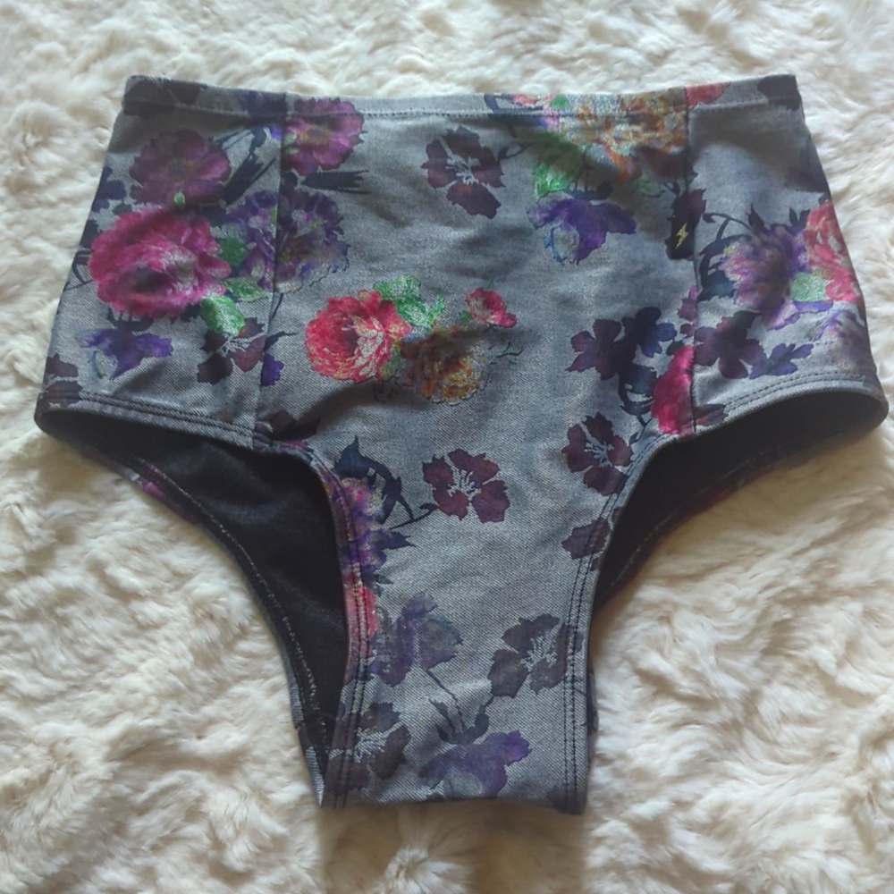 High-Waist Floral Briefs in Gray with Purple Accents